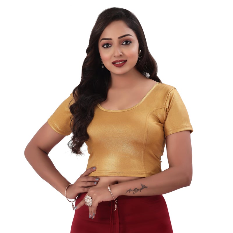 DESI GIRL - Stretchy Blouse for Women | Round Neck Regular Fit | Half Sleeve Readymade Shimmer Plain Design Festive Blouse Perfect for Saree, Lehenga, Kurti | Copper Gold - 32 - Image 5