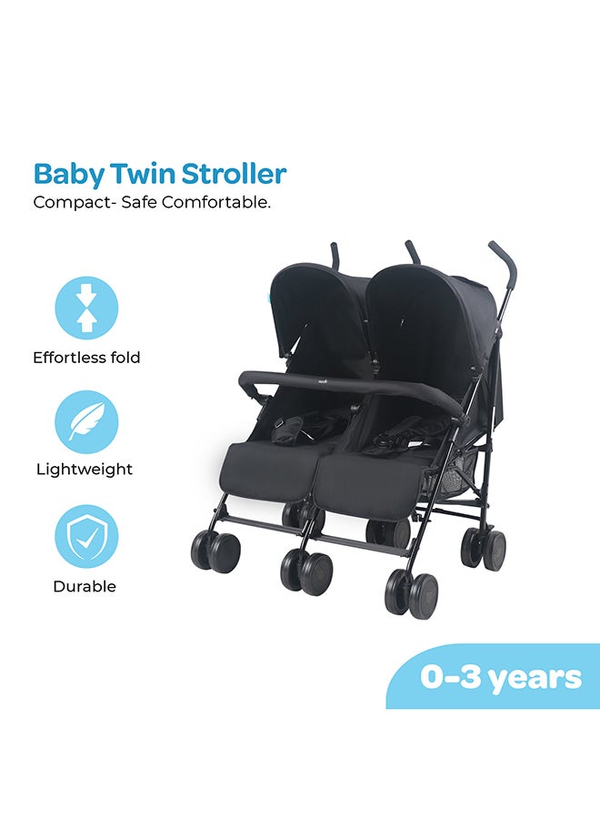 Moon Twinnzi Double Stroller for Twins & Siblings – Side by Side Duo Tandem Pram for Infant & Toddler (0-3 Years), Lightweight, UV Canopy, Adjustable Recline Seats-Upto 15kg per Seat - Black - Image 2