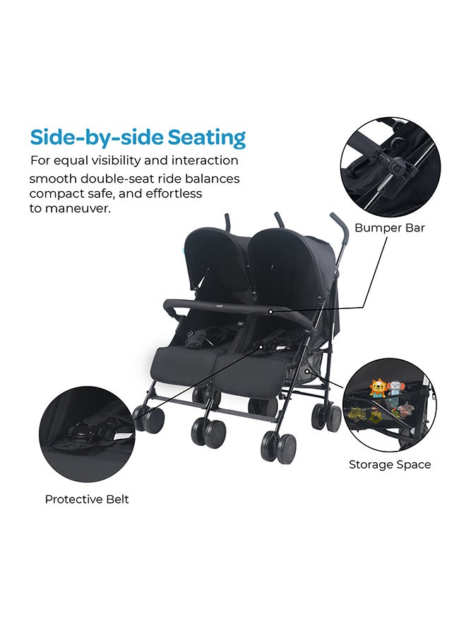 Moon Twinnzi Double Stroller for Twins & Siblings – Side by Side Duo Tandem Pram for Infant & Toddler (0-3 Years), Lightweight, UV Canopy, Adjustable Recline Seats-Upto 15kg per Seat - Black - Image 5