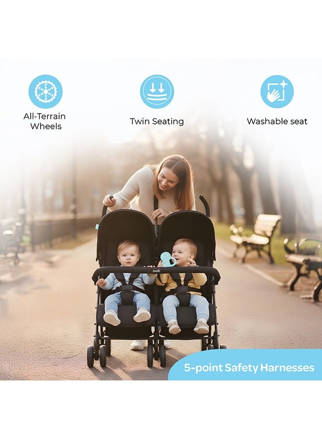 Moon Twinnzi Double Stroller for Twins & Siblings – Side by Side Duo Tandem Pram for Infant & Toddler (0-3 Years), Lightweight, UV Canopy, Adjustable Recline Seats-Upto 15kg per Seat - Black - Image 4