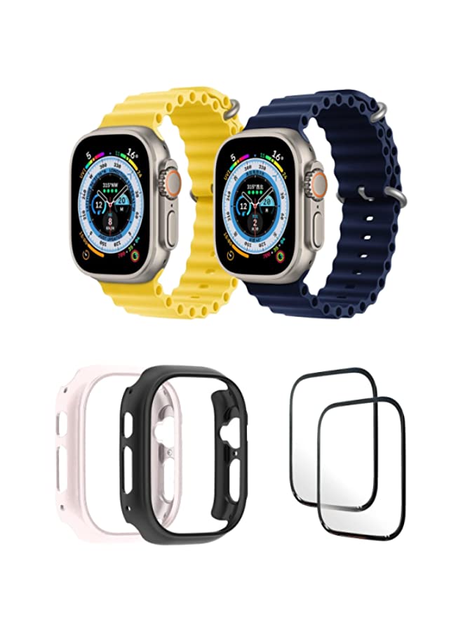 IAF Silicone Ocean Band Strap for Apple Watch Ultra 8 49mm Yellow/Dark Blue , Case Compatible with Apple Watch Ultra 49mm Pink/Black , 2* pcs Watch glass Set of 6