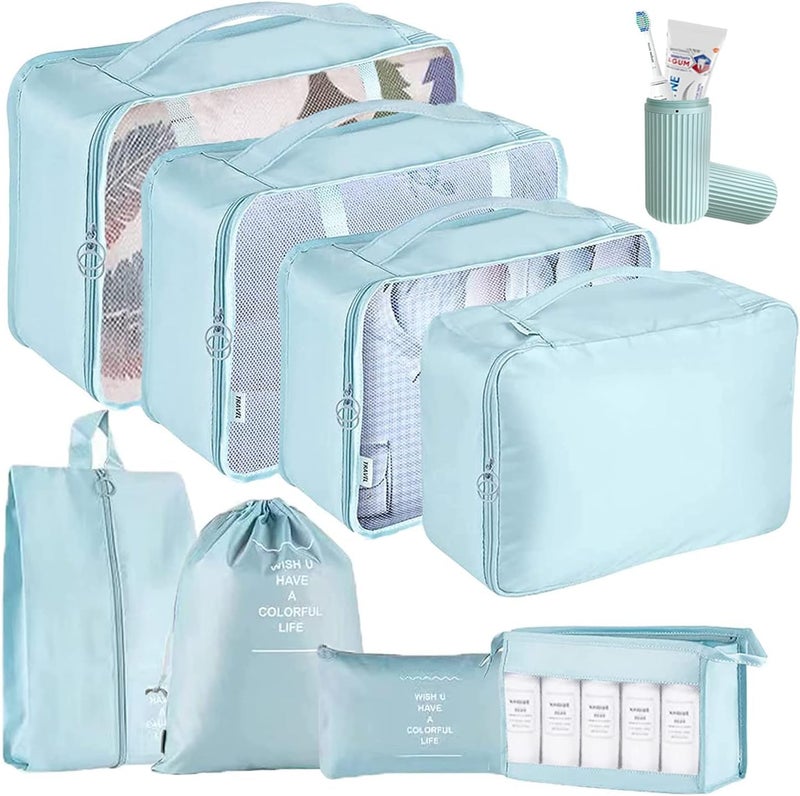 OCEANEVO Polypropylene 9 Pcs Packing Cubes, Travel Luggage Organizer For Men And Women, Toiletry Bag, Packing Cubes For Travel With Tooth Brush Holder- Set Of 9- Sky Blue - Image 1