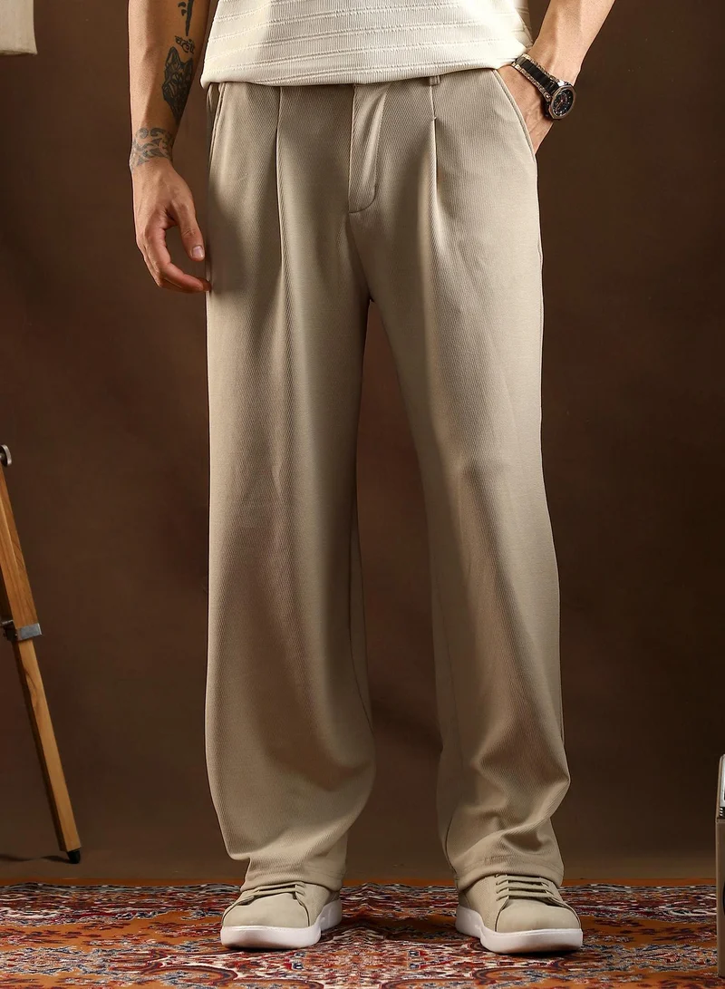 CAHOOT Men's Peanut Beige Micro-Waffle Cuffed Trousers
