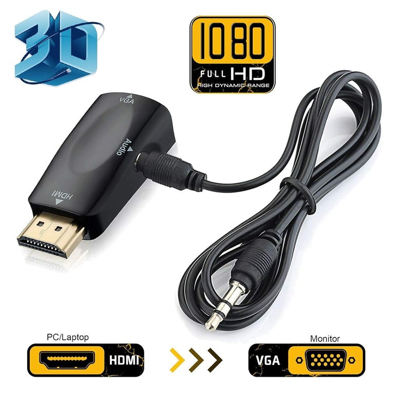 Microware Microware 1080P Black HDMI Male to VGA Female Video Converter Adapter with 3.5mm Audio Cable for PC, Laptops, TV, DVD Black - Image 2