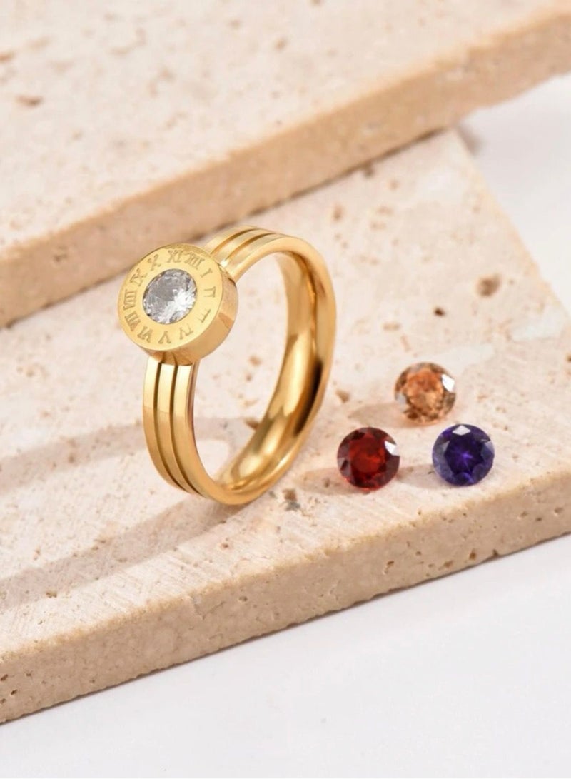 نونز أب خاتم نسائي مصنوع من الاستانلس ستيل ومطلي باللون الذهبي عيار 18 مرصع بالزركون مع 3 احجار زركونيا للإستبدال - Image 3