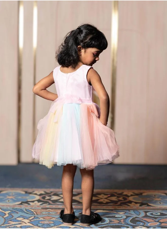 بيبي كلو Pastel Princess: Whimsical Rainbow Tulle Dress with Bow Accent