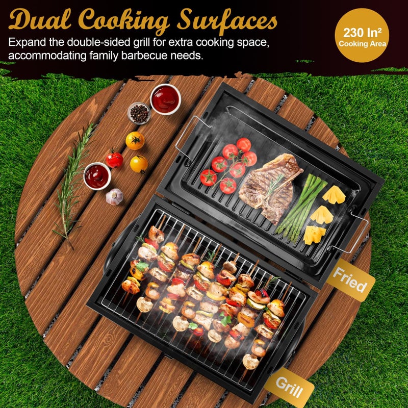 Joyfair Portable Charcoal Grill (2 IN 1 Double-Sided), Small Tabletop Barbecue Grill with Food Tray & Rack for Outdoor Camping Home Patio BBQ Grilling, Heavy Duty & Multi-use, Easy Assembly (230Sq.in) - Image 2