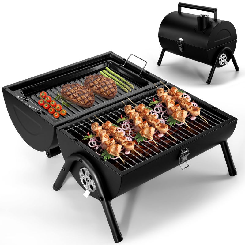 Joyfair Portable Charcoal Grill (2 IN 1 Double-Sided), Small Tabletop Barbecue Grill with Food Tray & Rack for Outdoor Camping Home Patio BBQ Grilling, Heavy Duty & Multi-use, Easy Assembly (230Sq.in) - Image 1