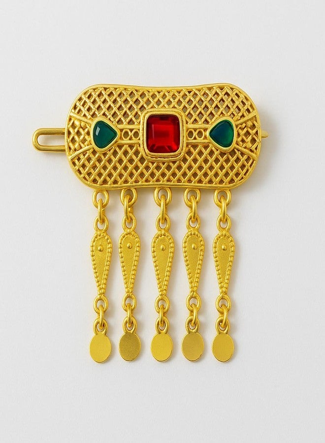 SMARNN Traditional Gold Plated Juda Pin for Women | Hair Bun Accessory with Red & Green Stones | Ethnic Indian Hair Jewelry for Wedding (Color_1) - Image 3