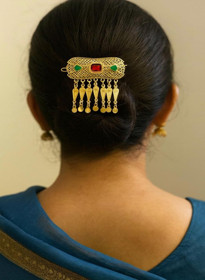 SMARNN Traditional Gold Plated Juda Pin for Women | Hair Bun Accessory with Red & Green Stones | Ethnic Indian Hair Jewelry for Wedding (Color_1) - Image 1