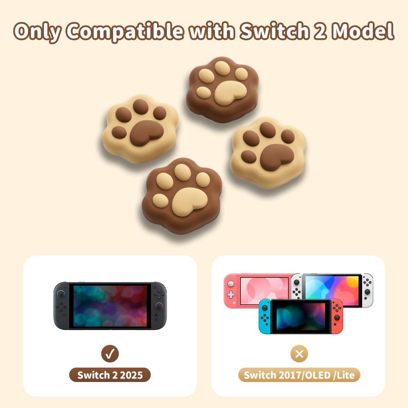 GeekShare Cat Paw Joystick Caps Compatible with Switch 2, Anti-Slip Silicone Thumb Grip Caps for Switch 2025, Milk Tea Brown, 4pcs - Image 2