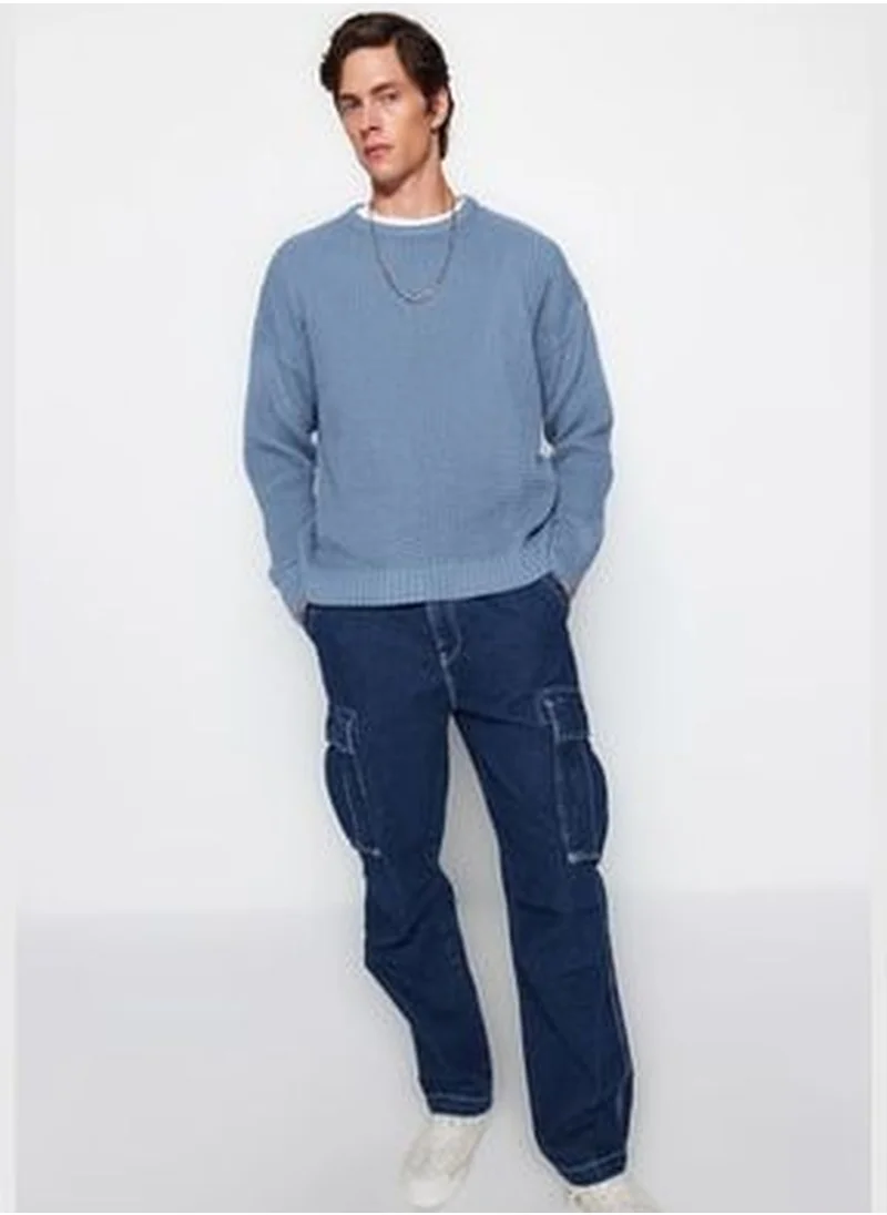 trendyol Men's Blue Oversize Fit Wide Fit Crew Neck Textured Basic Knitwear Sweater