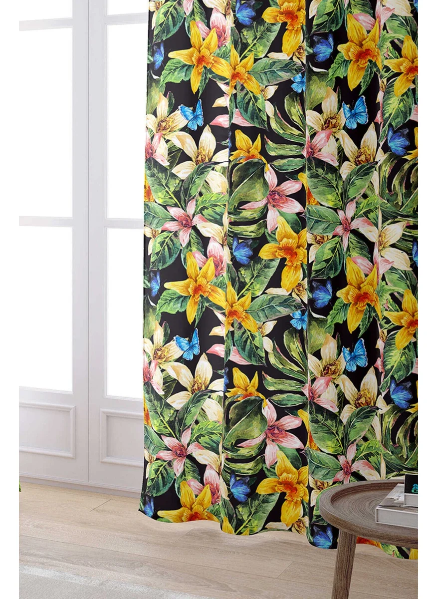 Cango Home Black Multicolor Tropical Patterned Digital Printed Curtain OTYK791-PR