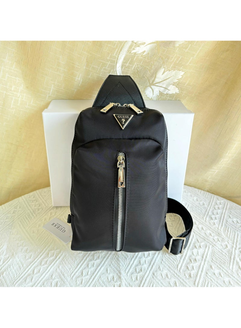 Simple Solid Color Printed Chest Bag Men's Bag  [ Nylon Cloth Black ]   Size: 26×17.5×8.5cm