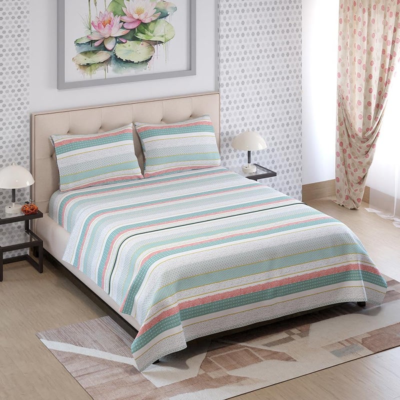 Layers Zen Cotton Blend Double Bedsheet Set Oeko Tex Certified 1 Double Cotton Bedsheet 2 Pillow Covers Breathable AntiWrinkle 225 CVC Border Print Green - Image 4