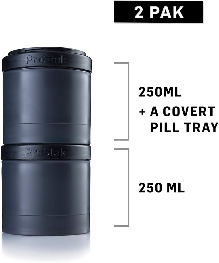 BlenderBottle Blender Bottle Unisex's Pro Stak Expansion InClusive Pillenfach Container (Pack of 2), Black, 2x 250ml + Pill Tray - Image 1