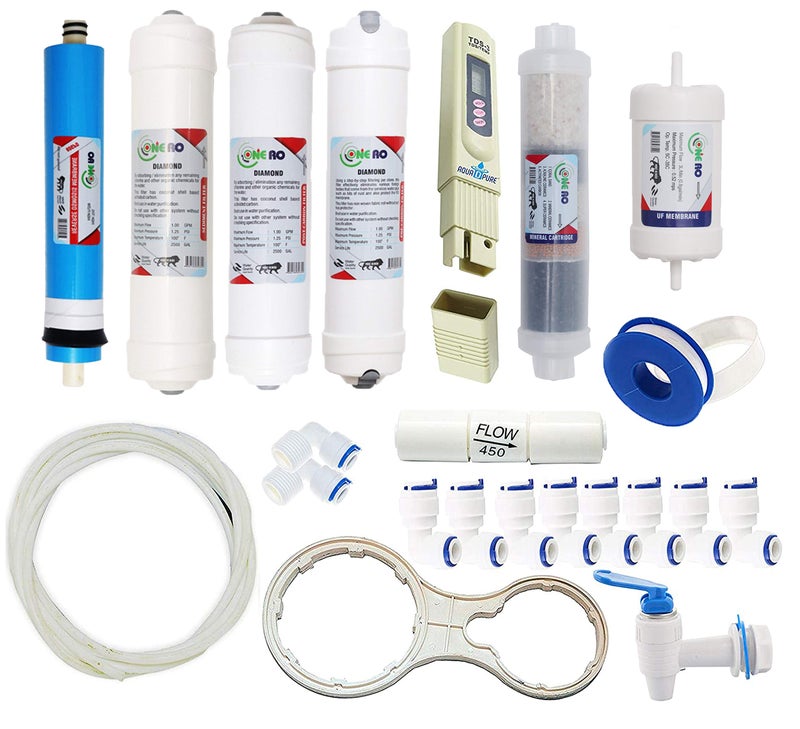 ONE RO™ Complete RO Service Filter Kit of 80 GPD Membrane, Inline, UF, Mineral and TDS Meter with All Accessories - Image 5