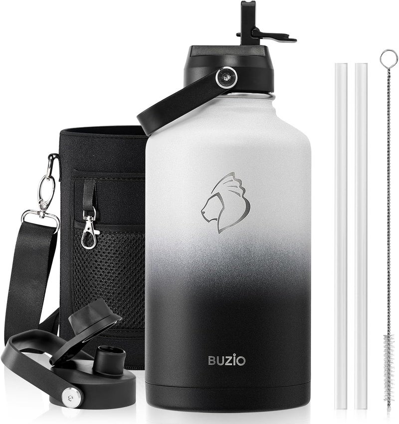 BUZIO 64oz Insulated Water Bottle with Straw Lid and Flex Cap, Stainless Steel Powder-Coat Water Flask, Keep Beverage Cold for 48 Hrs Hot for 24 Hrs Simple Thermo Canteen Mug, White and Black - Image 1