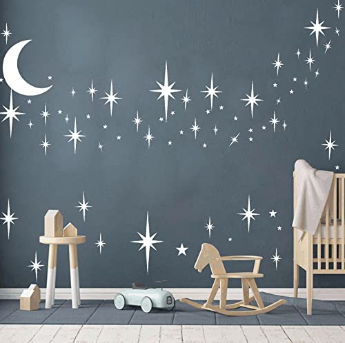 Stars and Moon Wall Decal Star Decals for Walls Nursery Wall Decal White Stick on Stars Vinyl Walls Stars Sticker Removable Peel and Stick Vinyl Stickers for Kids Girls Bedroom
