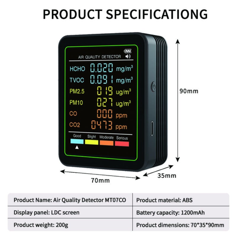 Air Quality Monitor: 90*70*35mm Black, Large Display For Easy Readability - High-precision Multi-sensors Portable Air Quality Detector for Home Office Warehouse Respiratory Health Protection - Image 2