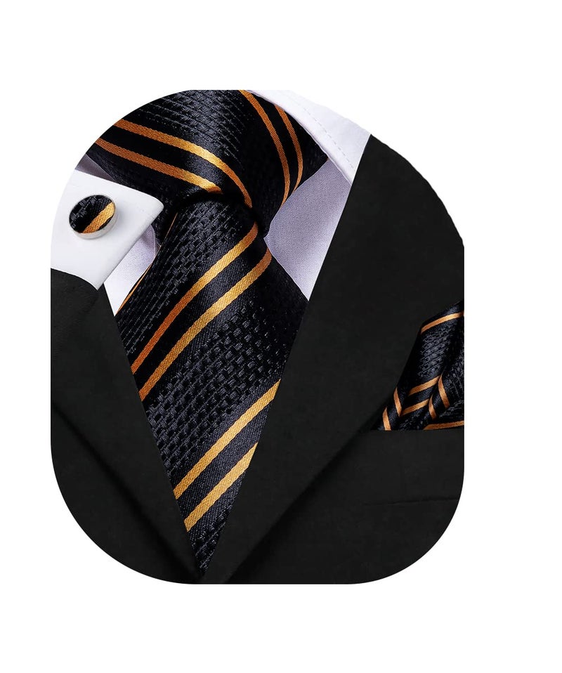 Dubulle Mens Paisley Floral Silk Tie for Men Black Dark Orange Striped Necktie and Pocket Square Cufflinks Set Wedding Business - Image 1
