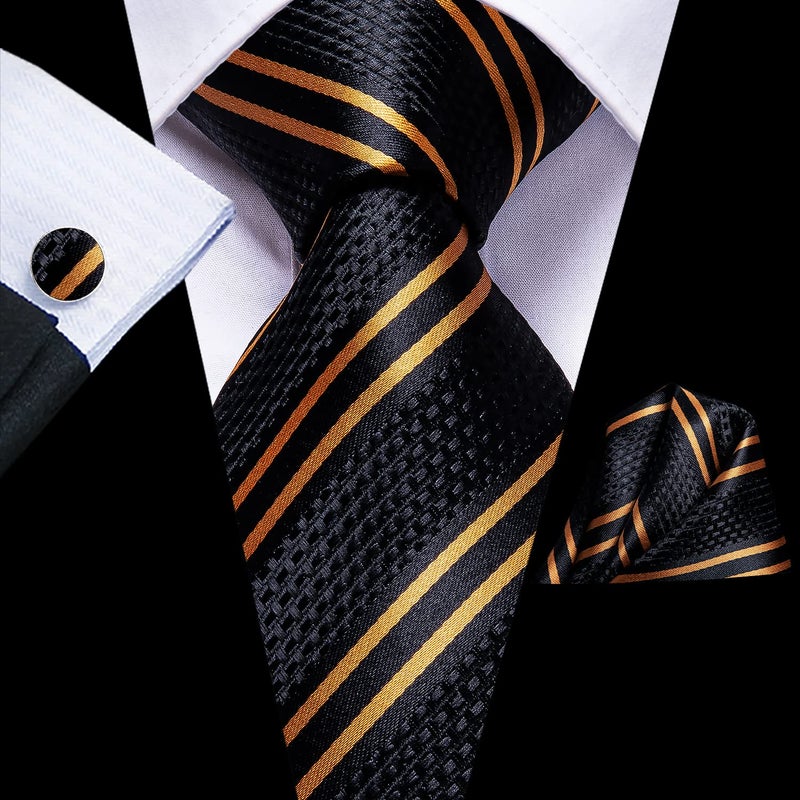 Dubulle Mens Paisley Floral Silk Tie for Men Black Dark Orange Striped Necktie and Pocket Square Cufflinks Set Wedding Business - Image 5