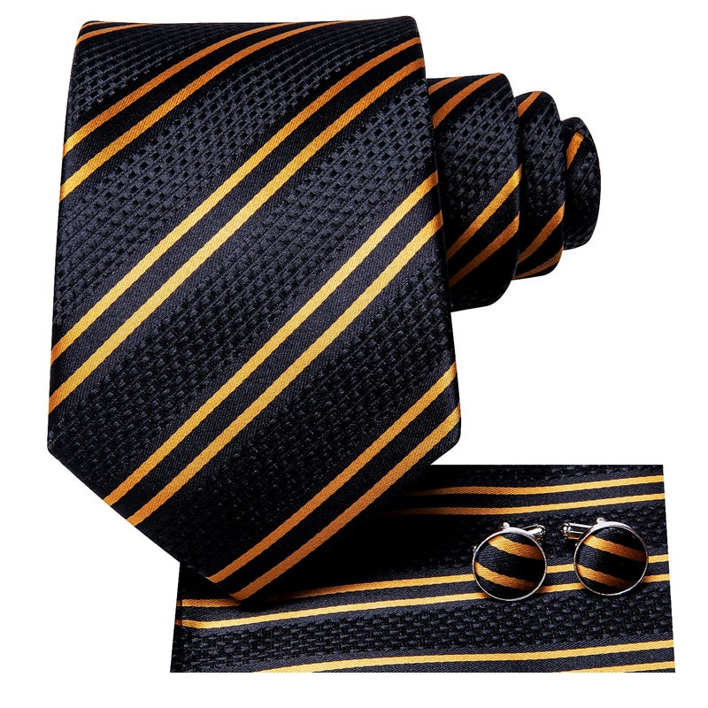 Dubulle Mens Paisley Floral Silk Tie for Men Black Dark Orange Striped Necktie and Pocket Square Cufflinks Set Wedding Business - Image 2