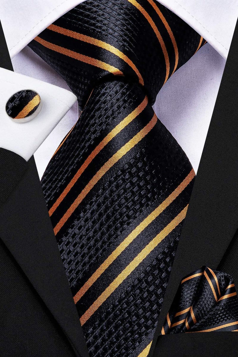 Dubulle Mens Paisley Floral Silk Tie for Men Black Dark Orange Striped Necktie and Pocket Square Cufflinks Set Wedding Business - Image 3