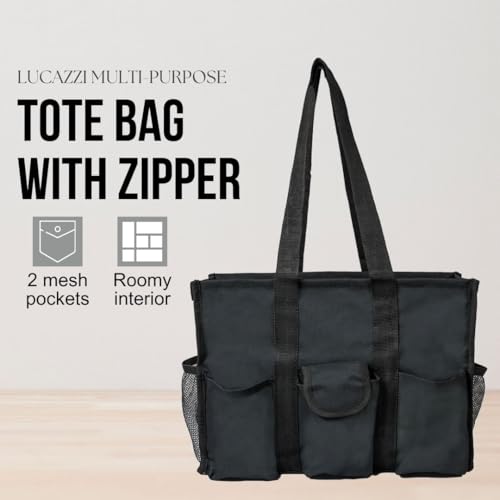 Lucazzi Utility Tote Bag with Zipper Top - Large Multipurpose Organizer Bag for Teachers, Nurses, Work, Students, Knitting, Crafts - Tote Organizer with Multi-Compartment Pockets - Elephant Black - Image 2