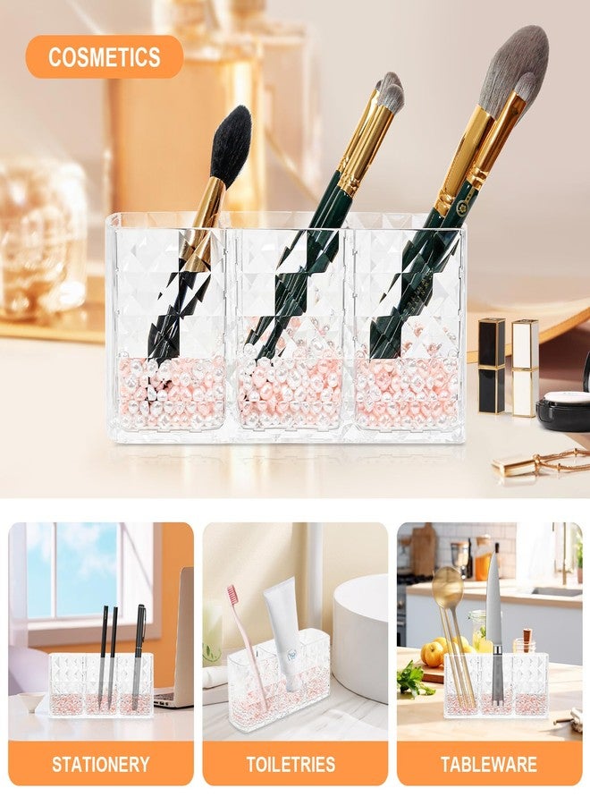 Obsoorth Makeup Brush Holder 3 Slots Acrylic Clear Hair Brush Holder with Pink and White Pearls, Makeup Organizer Brushes for Vanity Office and Bathroom - Image 3
