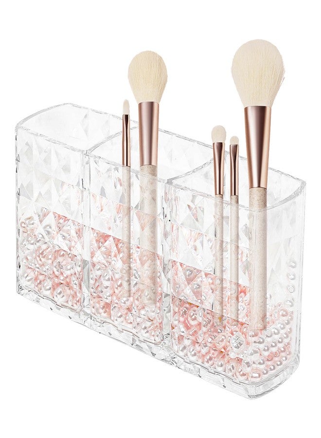 Obsoorth Makeup Brush Holder 3 Slots Acrylic Clear Hair Brush Holder with Pink and White Pearls, Makeup Organizer Brushes for Vanity Office and Bathroom - Image 1