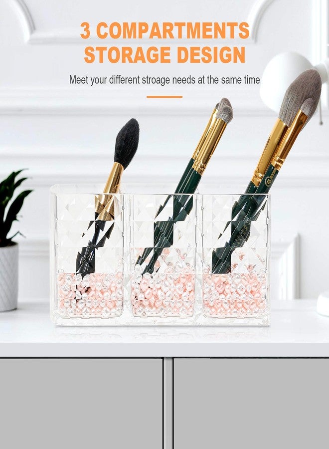 Obsoorth Makeup Brush Holder 3 Slots Acrylic Clear Hair Brush Holder with Pink and White Pearls, Makeup Organizer Brushes for Vanity Office and Bathroom - Image 2