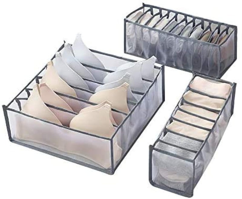 NFI essentials Foldable Organiser for Bra Underwear Socks Set of 3 Dresser Drawer Storage Organizer for Undergarments Folding Closet Storage of Lingerie ORG6 Grey - Image 1