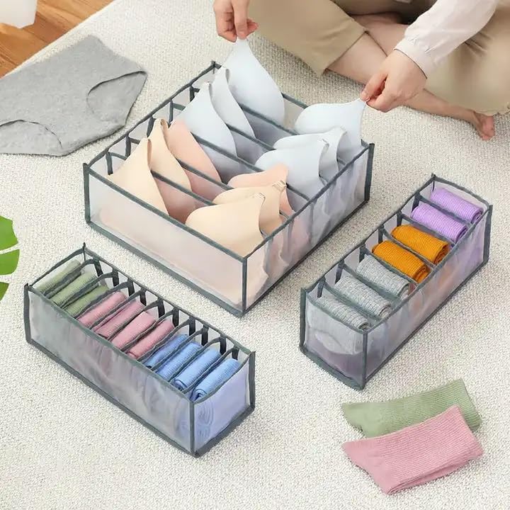 NFI essentials Foldable Organiser for Bra Underwear Socks Set of 3 Dresser Drawer Storage Organizer for Undergarments Folding Closet Storage of Lingerie ORG6 Grey - Image 3