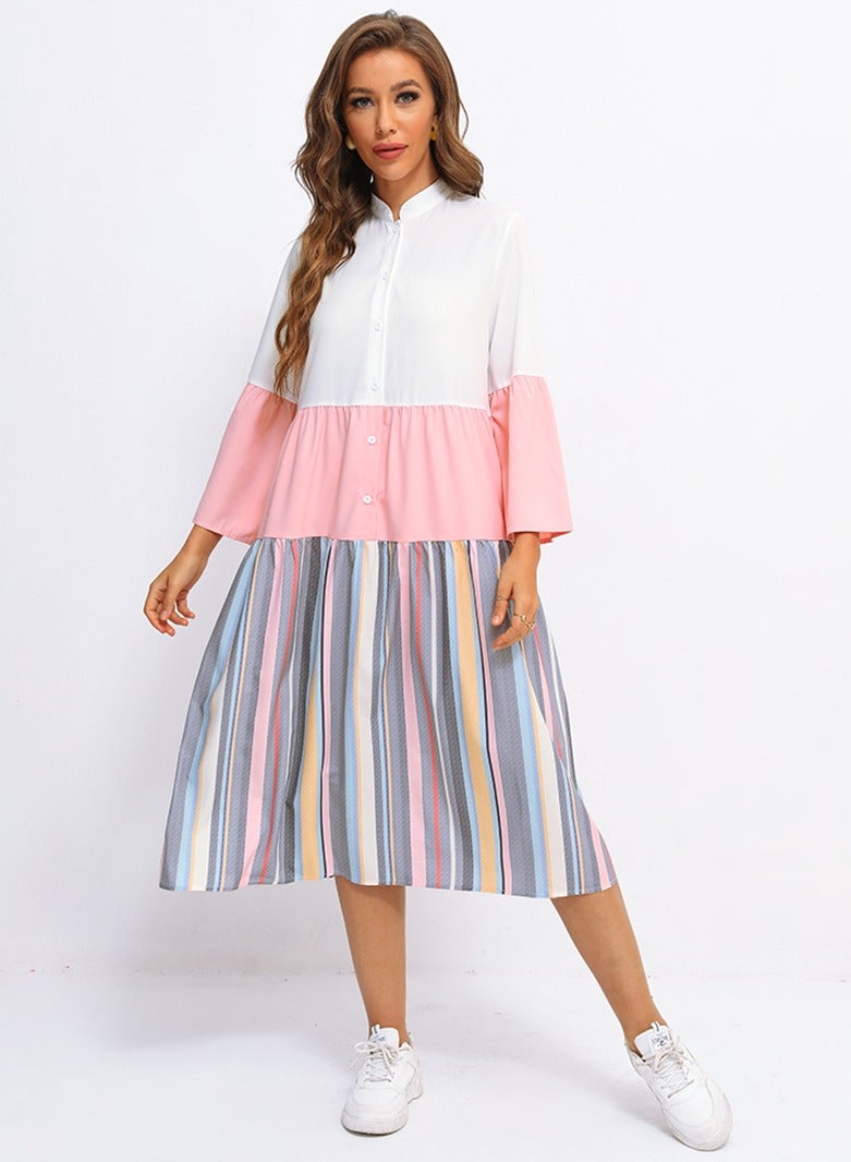 Female Sweet High collar Splicing pattern Loose Mid dress Pink