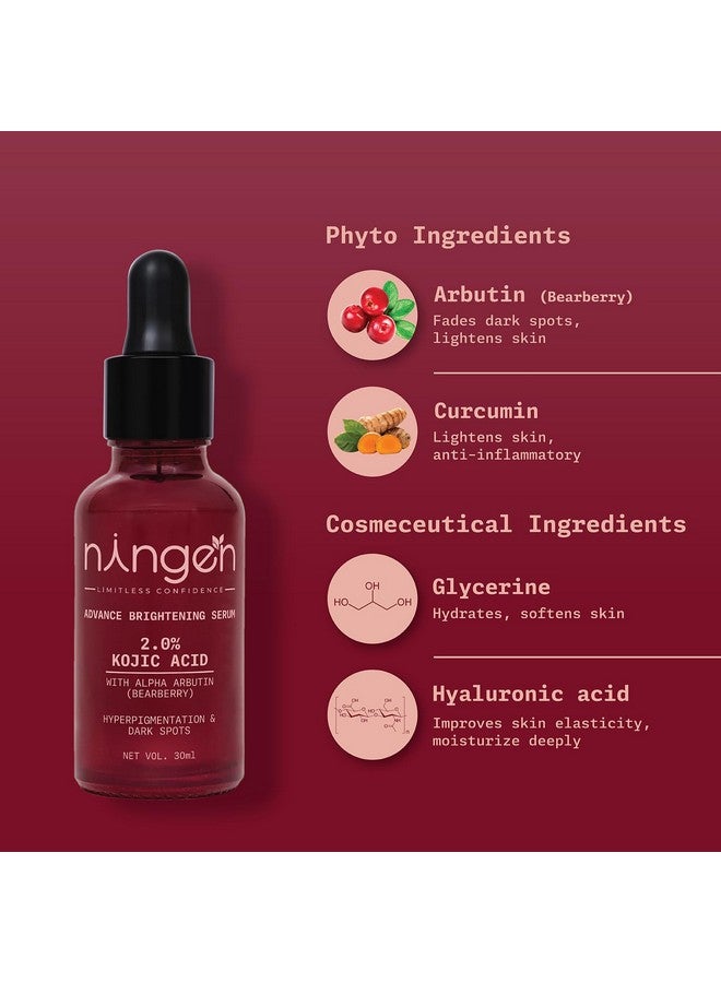 نينغن مصل نينغن أدفانس لتفتيح الوجه | 2% حمض الكوجيك، عنب الدب والكركم لتفتيح البشرة وتقليل البقع الداكنة والتصبغ (30 مل) | خالٍ من البارابين | للرجال والنساء | جميع أنواع البشرة - Image 2