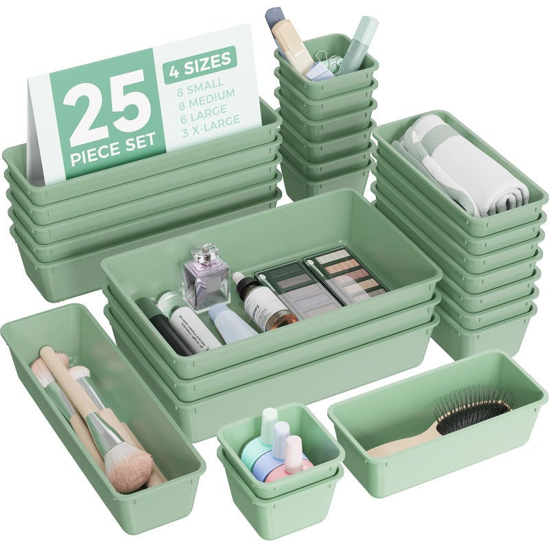 BiuLeon 25 PCS Plastic Drawer Organizers Set 4Sizes Vanity and Makeup Organizer Desk and bathroom Drawer Organizer Trays Organizers and Storage for Makeup Jewelry Gadgets Utensils Green - Image 2