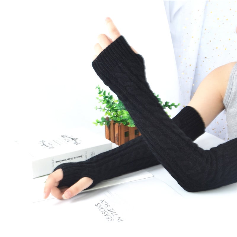 Winter Knit Fingerless Arm Warmers Women Black 