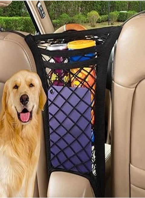 eing 3 Layer Car Mesh Organizer,Seat Back Net Bag,Barrier of Backseat Pet Kids,Cargo Tissue Purse Holder,Universal Elastic Driver Mesh Net Storage Bag - Black