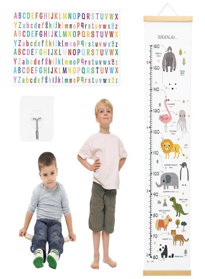 Feifeiya Animal Theme Kids Growth Chart Wall Hanging 48x11.8 Inch Removable Height Measurement Chart with Wooden Bars, Peel Stick Letters for Personalization, Baby to Child Canvas Height Tracker Gift - Image 1