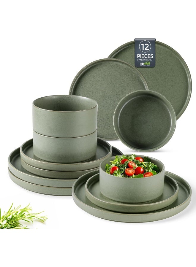 GBhome أطقم أدوات المائدة الخزفية GBHOME لـ 4 أشخاص من الأطباق والأوعية الخزفية مقاومة للتشقق والخدش آمنة للاستخدام في غسالة الصحون والميكروويف بلون أخضر مع زجاجة تفاعلية - Image 1
