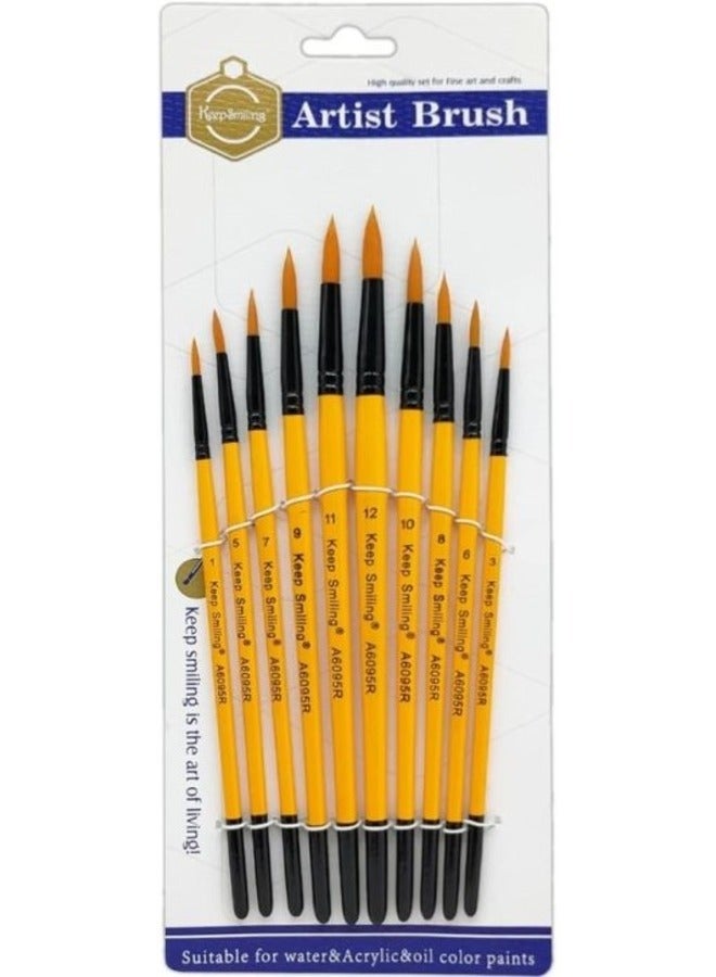 Keep Smiling A6095R Round Artist Paintbrush Set Orange/Black 10-Piece - Image 1