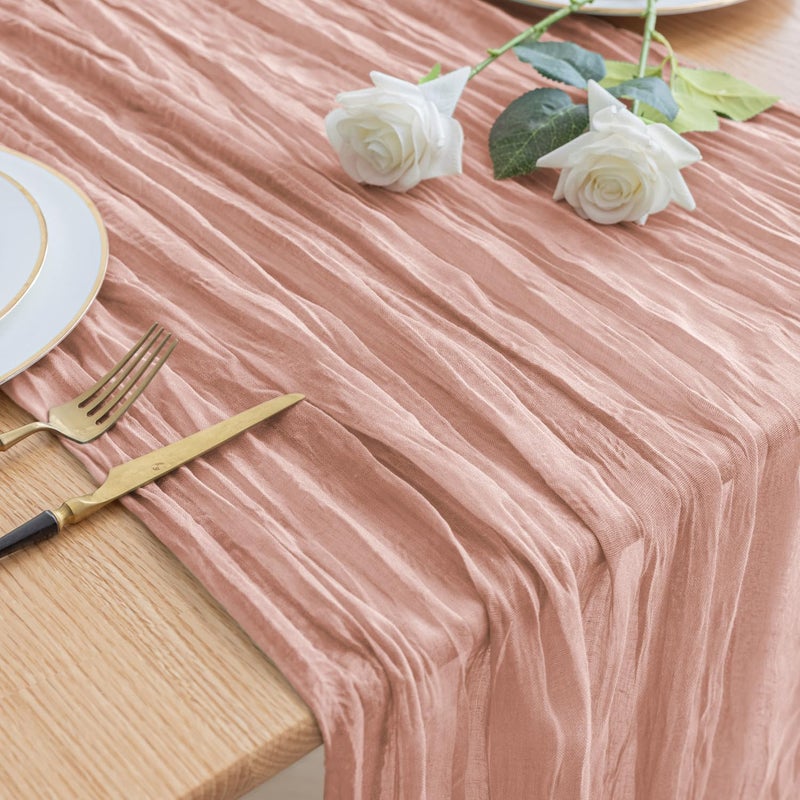 Aseem Cheesecloth Table Runner 120 Inches Dusty Pink Boho Gauze Cheese Cloth Runner 10FT Rustic Sheer Fall Table Runners for Thanksgiving Wedding Baby Shower Holiday Party Decoration