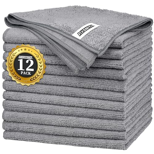FIXSMITH Grey Microfiber Cleaning Cloth -Pack of 12, Highly Absorbent Cleaning Rags, 16"X12" All Purpose Cleaning Towels for Housekeeping, Kitchen, Car, Lint Free and Reusable Microfiber Towels - Image 1