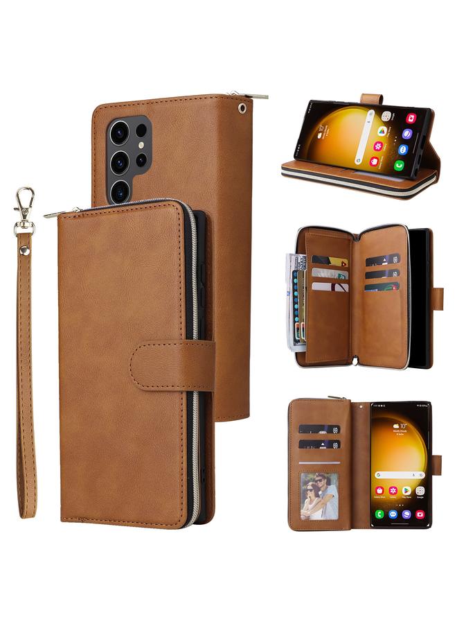 اس-توب جراب لهاتف Samsung Galaxy S24 Ultra 5G مزود بـ 9 فتحات للبطاقات وحقيبة محفظة بسحاب وحافظة هاتف جلدية - Image 1