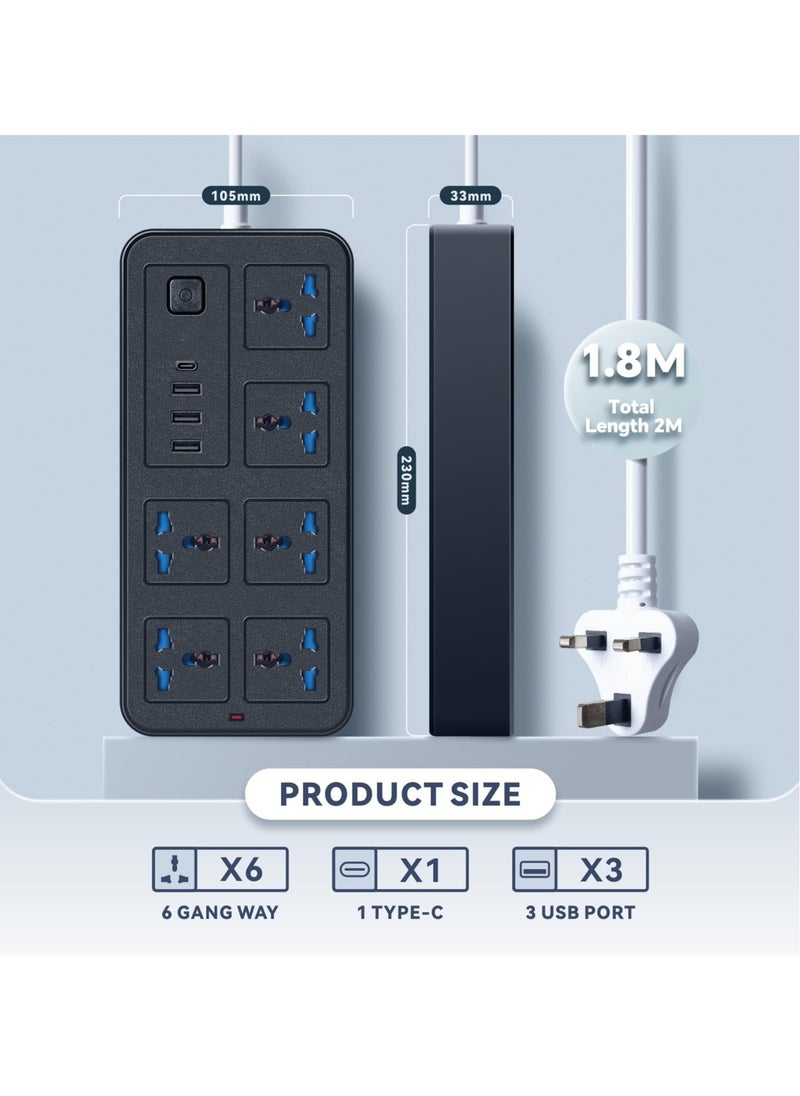 Excefore Universal Extension Lead with Multiple Function,UK Plug 3 Pin Socket Outlet with 6 Gang, 3 USB Port, 1 Type-C Port,1.8M Electric Socket Mains Strip for Home,Kitchen,and Office  - Image 4