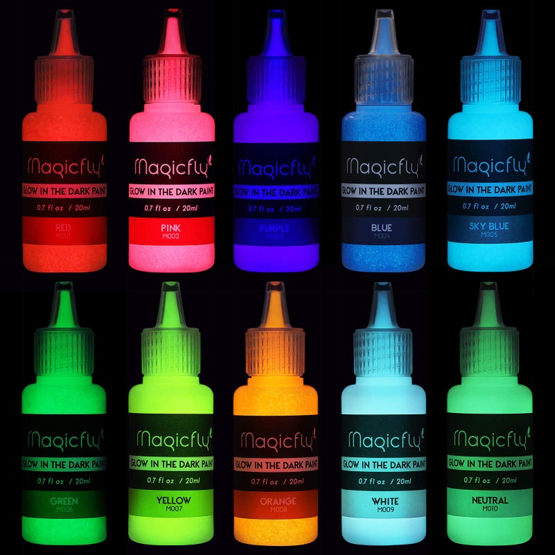 Magicfly Acrylic Glow in The Dark Paint, 10 Bright Colours Liquid Luminous Paint, Neon Paints Glow in Dark for Painting, Halloween Decoration, DIY Crafts, 20 ml Each - Image 2