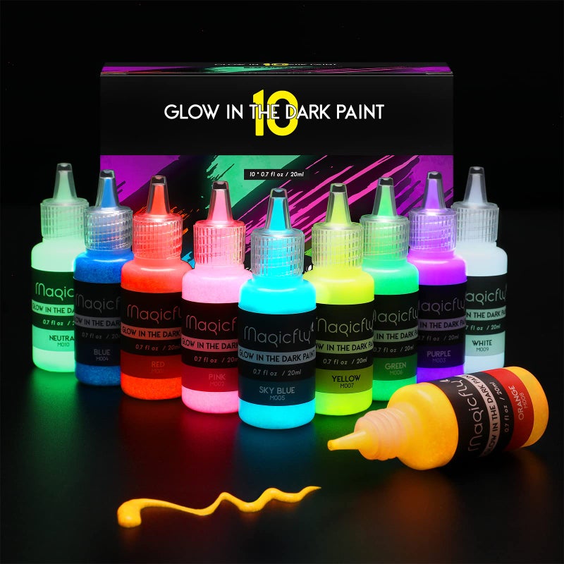 Magicfly Acrylic Glow in The Dark Paint, 10 Bright Colours Liquid Luminous Paint, Neon Paints Glow in Dark for Painting, Halloween Decoration, DIY Crafts, 20 ml Each - Image 1