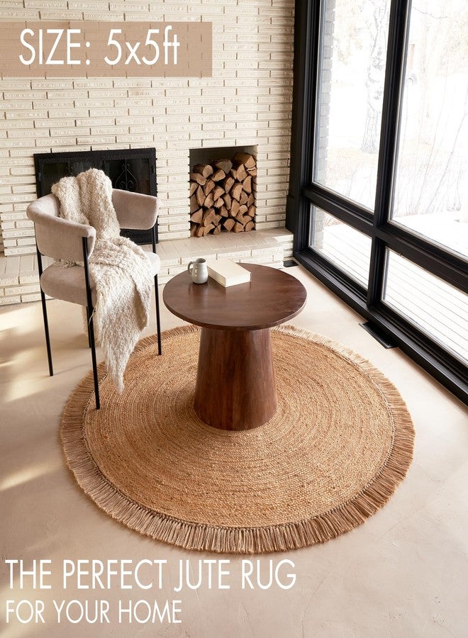 KIBAGA Beautiful 5x5 ft Round Jute Area Rug for Your Home - This Natural Hand Woven Rug Fits Perfectly Into Your Entry Area, Kitchen Or Living Room - Modern Braided Circle Mat Enhances Any Boho Decor - Image 2