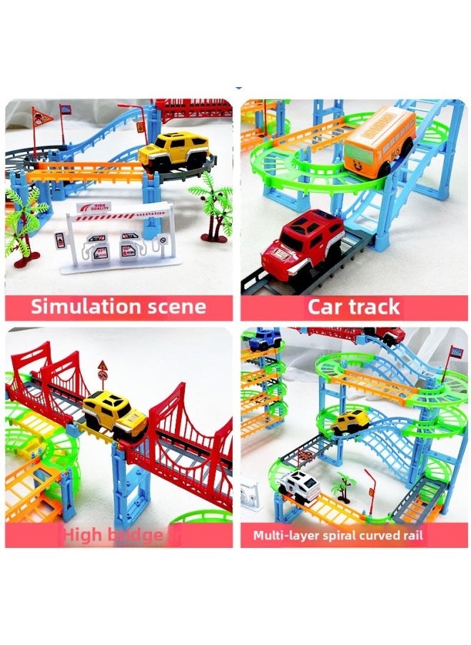 Assembled Varied Multi-Layer Three-Dimensional Track Train Toy Electric Track Racing Car Gliding Track Car Child Boy-Color:Double-layer Track + 4 Cars - With Charger + 4 Rechargeable Batteries